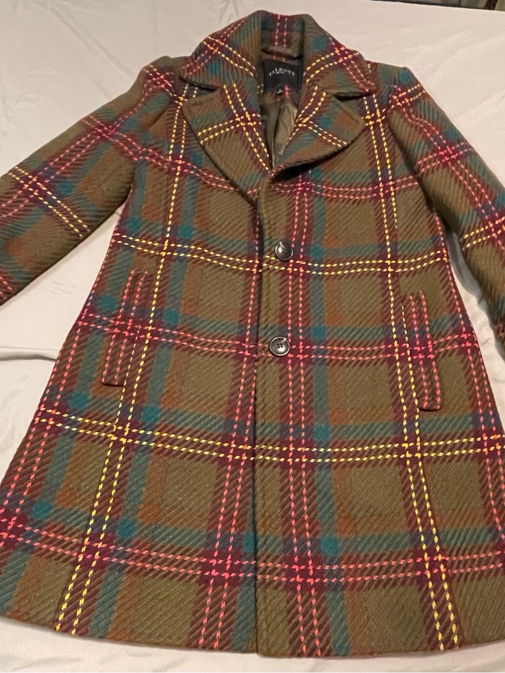 Talbots Olive Plaid Pea Coat with Red, Teal & Yellow Accents